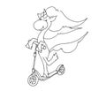 Coloring book for kids - unicorn smiling and riding a scooter. Black and white cute cartoon unicorns. Vector illustration.